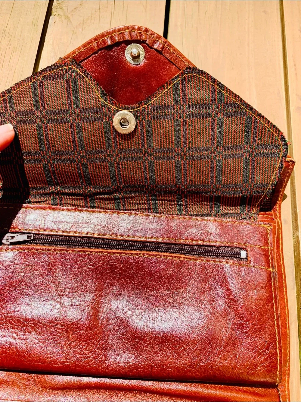 Handwoven Envelope Clutch with Brown Leather Trim in Brown and Red